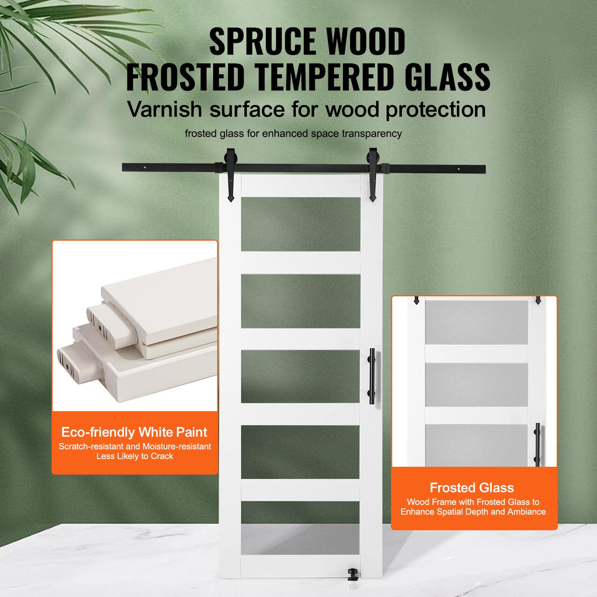 VEVOR 30x84 Inch Glass Barn Door with 5.5ft Sliding Door Hardware Kit Included, 5 Frosted Glass, Water-Proof & Scratch-Resistant Solid Wood, Pre Drilled Easy Assembly with Handle & Floor Guide, White VEVOR