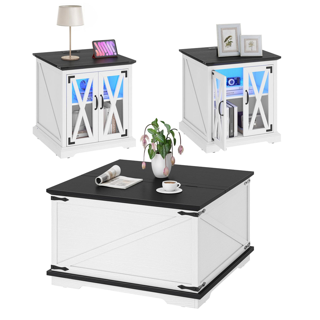 YITAHOME 3-Piece Farmhouse Living Room Table Sets, Coffee Table and 2Pcs End Side Table, Wood Center Table with Large Hidden Storage，Sofa Side Table with Charging Station and LED Lights, White YITAHOME