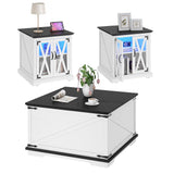 YITAHOME 3-Piece Farmhouse Living Room Table Sets, Coffee Table and 2Pcs End Side Table, Wood Center Table with Large Hidden Storage，Sofa Side Table with Charging Station and LED Lights, White YITAHOME