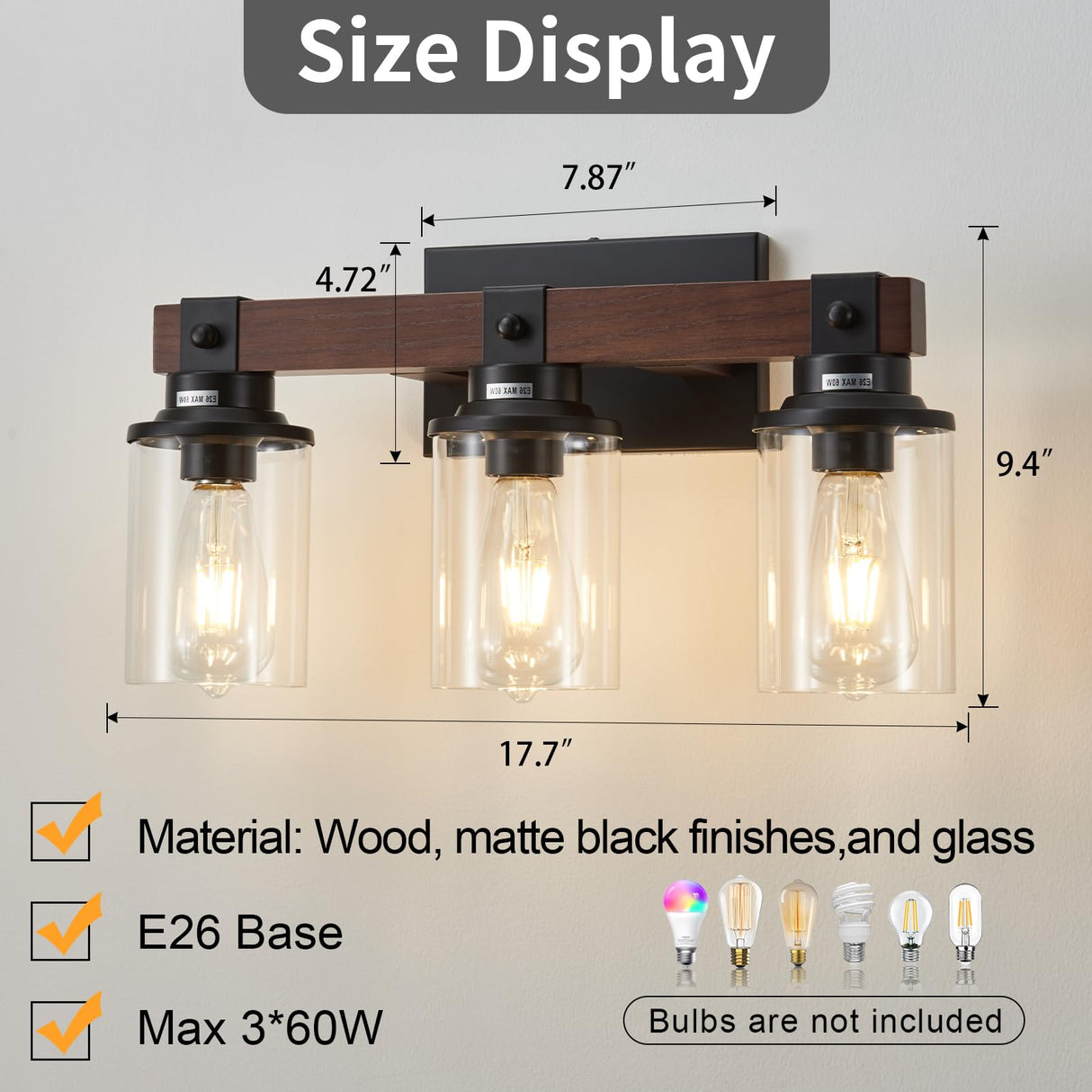 Aixialin Farmhouse Wood Vanity Light for Bathroom, 3-Light Wood Bathroom Vanity Light Fixtures Over Mirror, Rustic Sconces Wall Lighting with Metal Lampshade for Bathroom, Bedroom, Hallway Aixialin