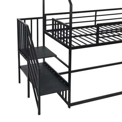 Harper & Bright Designs Twin over Twin Metal Bunk Bed with Slide and Stairs, Low Bunk House Bed for Kids, Floor Bunk Bed, Modern Style Heavy-Duty Steel Frame (Black)