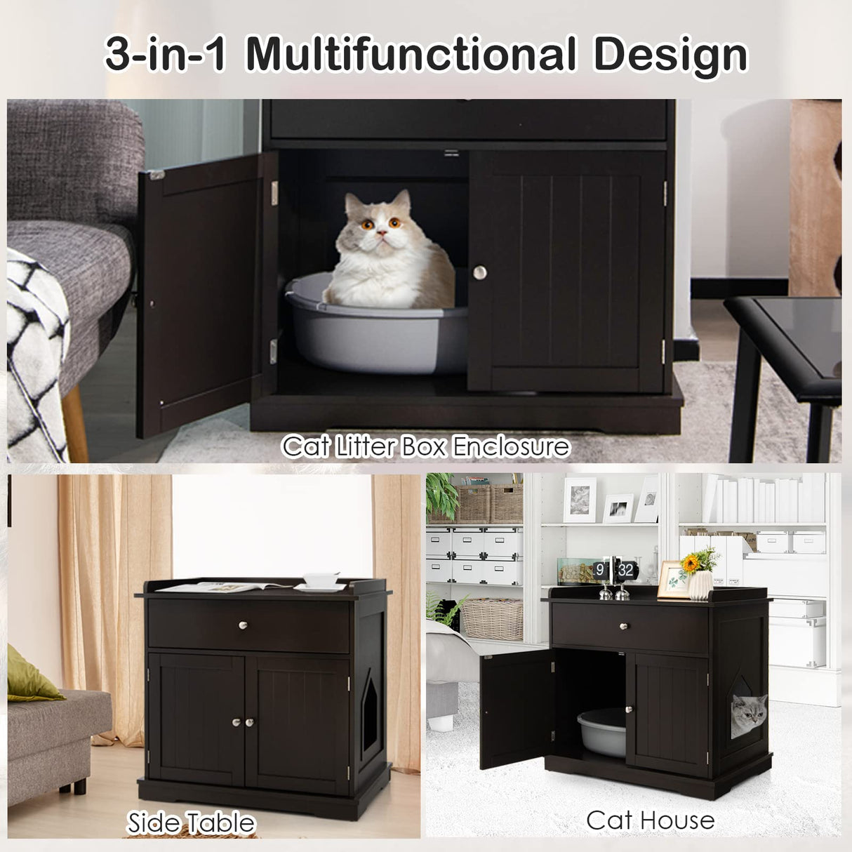 PETSITE Cat Litter Box Enclosure, Large Cat Washroom End Table with Drawer & 2 Doors, Wooden Cat House Storage Cabinet, Hidden Litter Box Furniture, Brown PETSITE