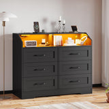 DICTAC LED Dresser for Bedroom, 6 Drawer Dresser with Charging Station, Chest of Drawers with Storage Cubby, Storage Organizer Unit for Bedroom, Closet, Living Room, Black DICTAC