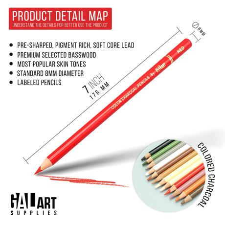 Galart Colorful Charcoal Pencils for Drawing Set- 12 Pieces Pre-Sharped Pastels and Chalk Pencils with organizer tray for Superior Shading, Seamless Blending, Vibrant Coloring Galart Supplies