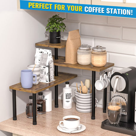 Countertop Organizer Organization, 3 Tier Moveable Corner Shelf for Kitchen , Bathroom , Spice Rack , Coffee Area, Over Sink, Dresser Table (Rustic Brown) JayRex
