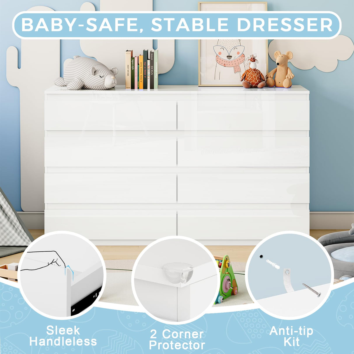 OtterOasis White 8 Drawer Dresser, Wood Dresser for Bedroom with Wide Drawers, 55" W x15.4 Dx32.3 H Modern Dressers, Wood Chest Drawers for Entryway|TV Stand|Clothes Storage OtterOasis