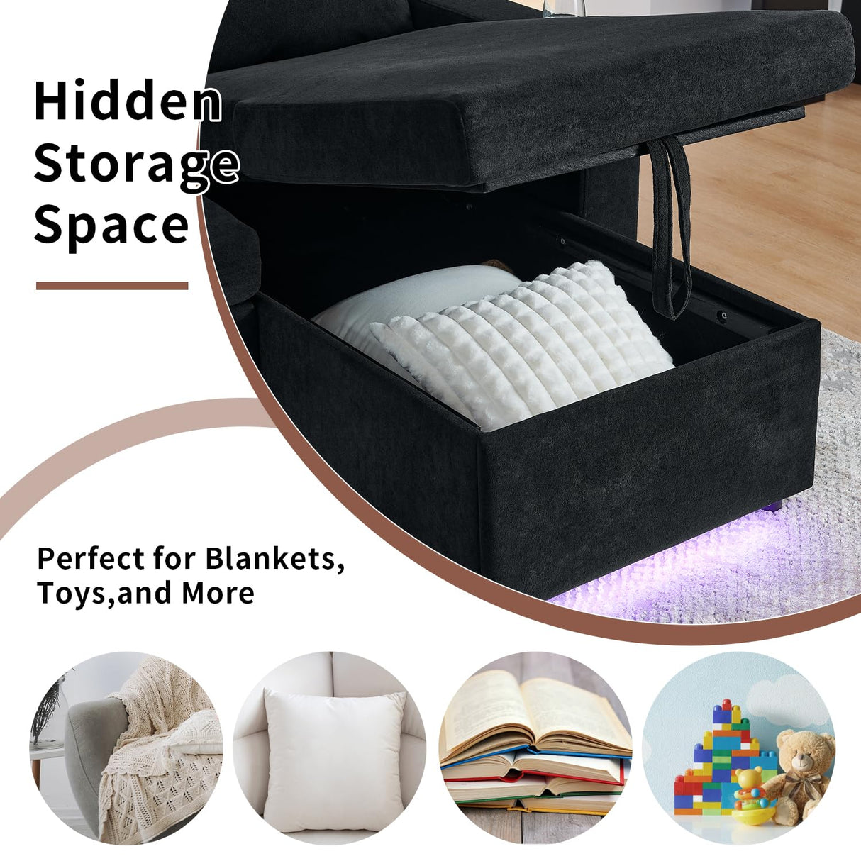 VOHOBY Sleeper Sofa Bed, 85” Pull Out Couch for Living Room with Reversible Storage Chaise,3 in 1 Sofa Couch with Retractable Table | Charging Station | Cup Holder | LED Lighting, Chenille (Black) VOHOBY