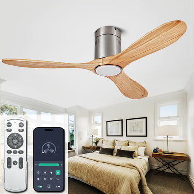 52” Ceiling Fan with Light with 6 Speed Remote/APP Control, Solid Wood Fan Blade, 3CCT Dimmable LED, Noiseless, Bedroom, Hallway Recessed Ceiling Fan