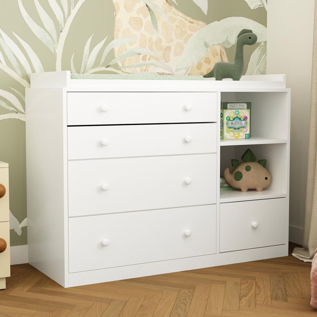 Timechee Changing Table Dresser, Baby Classic Nursery Dresser with 5 Drawers and 2 Shelves, Multi-Functional Baby Changing Table, Diaper Changing Station for Children's Room, White Timechee