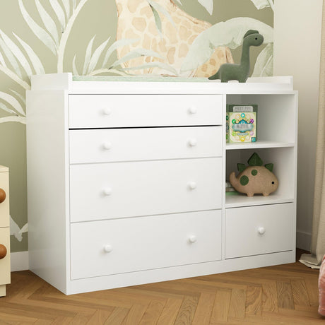 Timechee Changing Table Dresser, Baby Classic Nursery Dresser with 5 Drawers and 2 Shelves, Multi-Functional Baby Changing Table, Diaper Changing Station for Children's Room, White Timechee