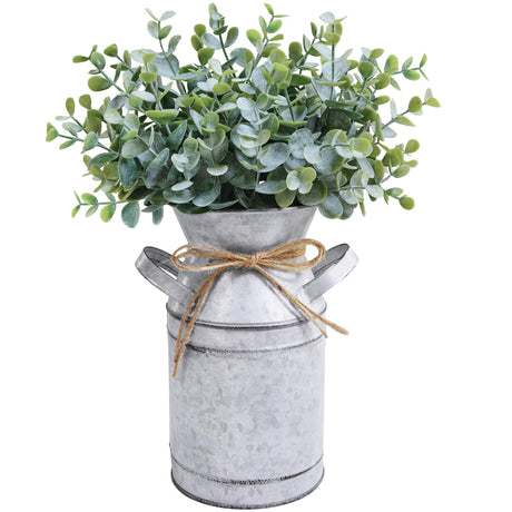 Winlyn Farmhouse Galvanized Metal Milk Can with Artificial Eucalyptus Greenery Arrangement Fake Plants Farmhouse Centerpieces 11.8" Tall for Rustic Country Wedding Home Table Tiered Tray Shelf Décor Winlyn