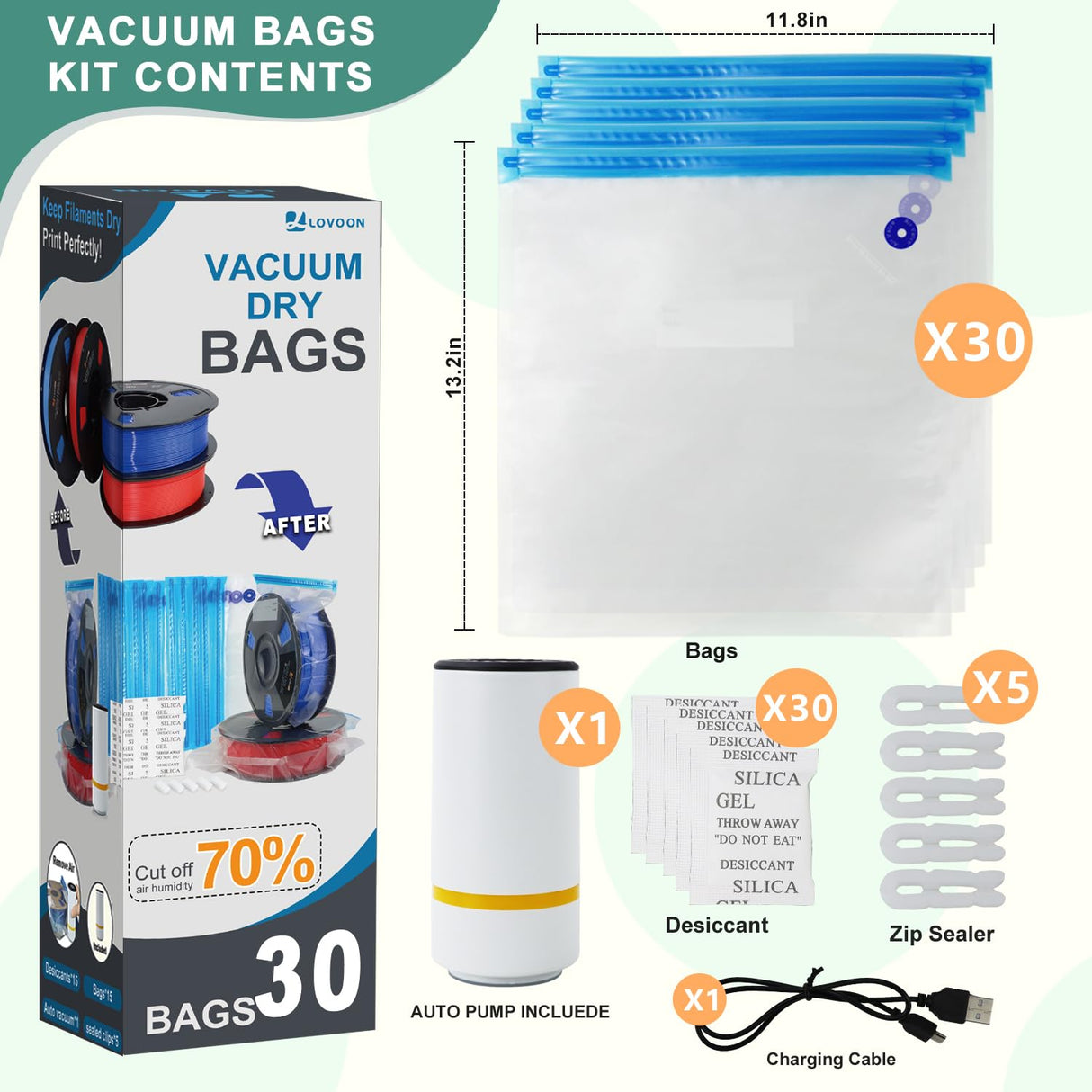 LOVOON Filament Storage Bags 30pcs, 3D Printer Filament Storage Bags Vacuum Sealed Kit with 30pcs Desiccant, Auto Pump, Perfect for 3D Filament Storage or Using After Filament Dryer Box LOVOON