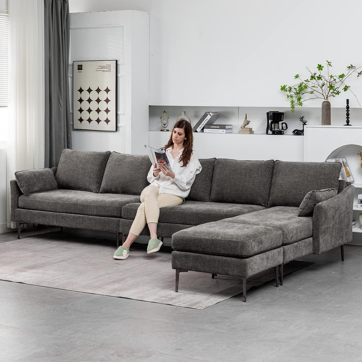 MELLCOM 137.4" Cloud Couch Sectional 5-Seat L Shaped Modular Sofa w/Chaise & Ottoman, Comfy Memory Foam Modular Couch in Washable Chenille Fabric, Sectional Sofa for Living Room, Grey MELLCOM