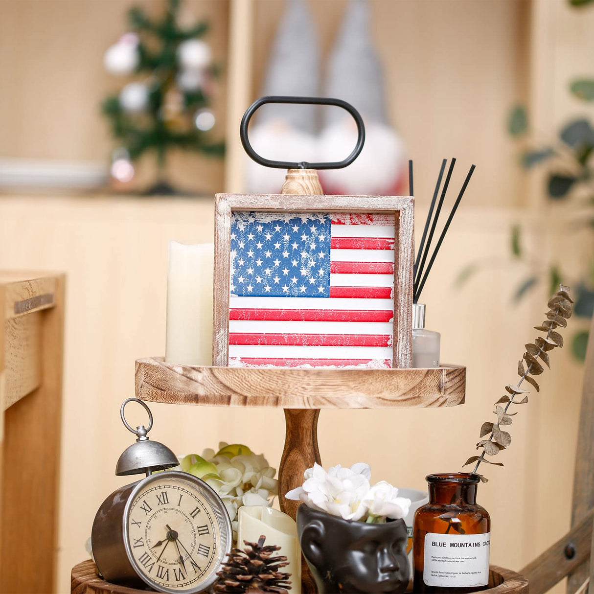 FESTWIND 4th of July Tiered Tray Decor, Wood Frame Embossed Metal USA Flag Block Sign, American Flag Table Decor for Fourth of July, Memorial Day, Patriotic Wood Decor for Shelves FESTWIND