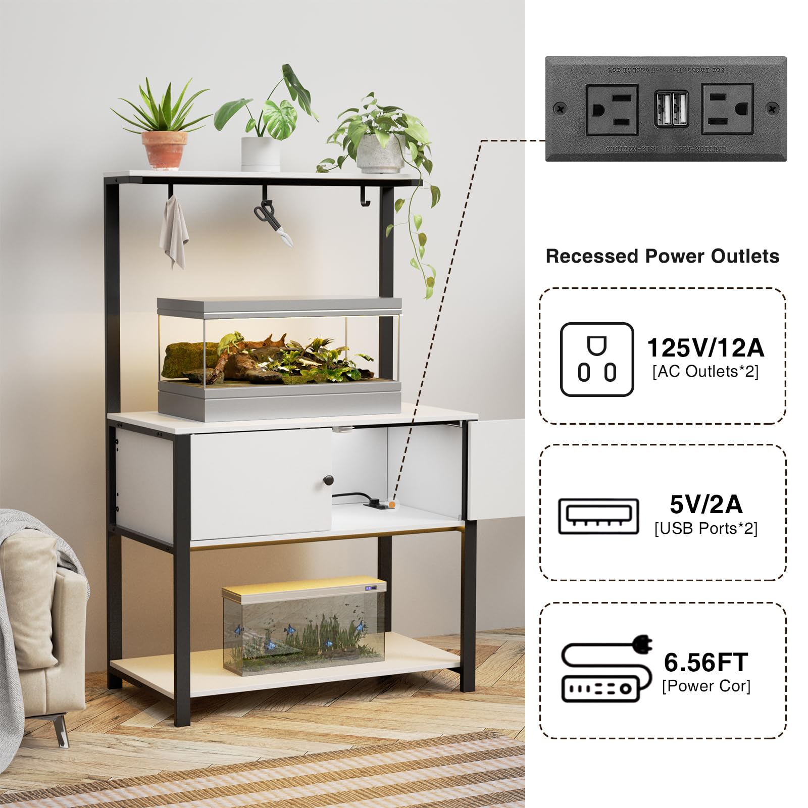 Fienveorn 40-50 Gallon Fish Tank Stand with LED Light Power Outlets,Heavy Duty Metal Aquarium Stand with Storage Shelf and Moveable Hooks,Turtle Reptile Terrariums Stand,White - WoodArtSupply