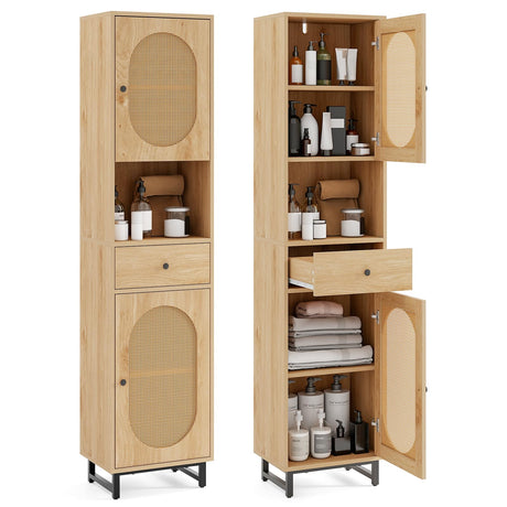 Tangkula 67" Tall Bathroom Storage Cabinet, Narrow Rattan Linen Tower with Doors, Adjustable Shelves & Drawer, Freestanding Floor Cabinet for Living Room, Kitchen, Dining Room, Office, Natural Tangkula