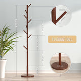 Wooden Coat Rack Freestanding Coat Tree with 4 Height Options and 9 Hooks, Sturdy Coat Rack Stand for Clothes/Bags/Hats, Easy Assemble Save Space for Entryway,Bedroom,Office,Narrow Place (Brown) Bamdibola