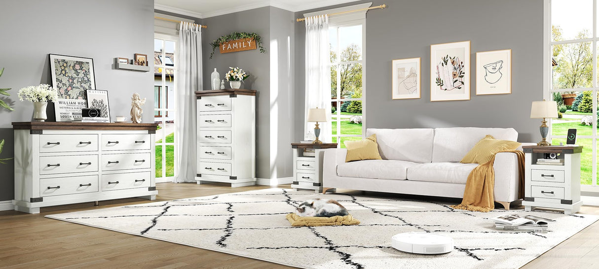 AMERLIFE Farmhouse 5 Drawers Dresser Chests for Bedroom, 48" Tall Wood Rustic Chest of Drawers/w Thick Plank Styling, Heavy Duty Closet Storage Dresser Organizer, Living Room, Hallway, Antique White AMERLIFE