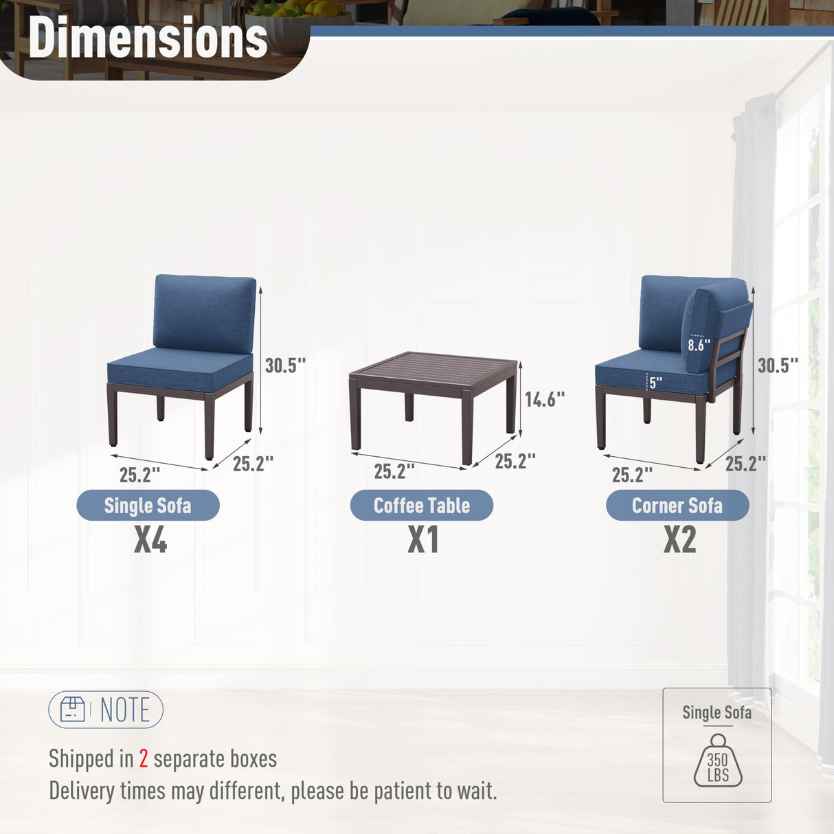 Kurapika 7 Pieces Metal Patio Furniture Set Modern Metal Outdoor Conversation Sets, Patio Sectional Sofa w/5 Inch Cushion and Coffee Table, Navy Blue Kurapika