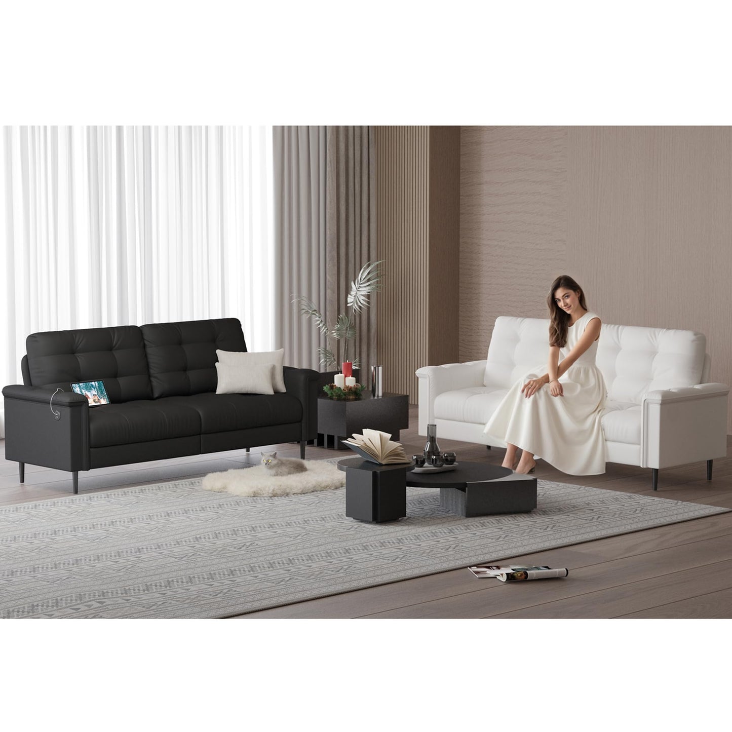 TYBOATLE 85" W White Faux Leather Sofa Couches for Living Room, Mid-Century Modern Tufted Comfy Small Loveseat w/USB and Wide Arms, 2/3 Seater Office Couch for Small Space Apartment Bedroom Furniture