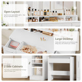 usikey Makeup Vanity with Lights, Vanity Desk, Makeup Vanity Table with 3 Drawers, 2 Cabinets & Long Storage Shelf, 10 Led Lights, Dressing Vanity Table with Stool, for Women, Girls, Bedroom, White usikey