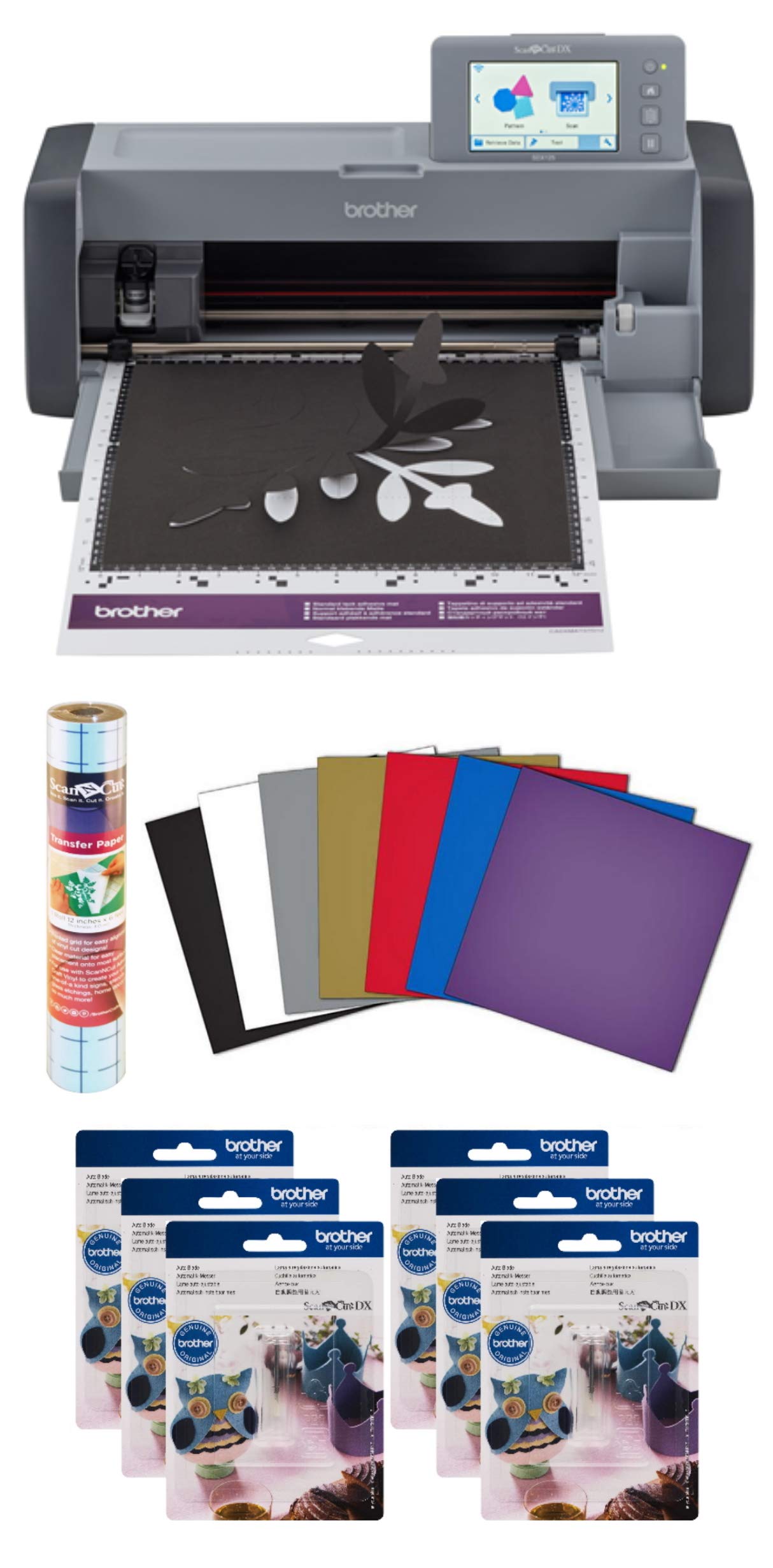 Brother ScanNCut SDX125EGY DIY Cutting Machine with Scanner, Adhesive Vinyl Sheets, Transfer Roll and 6 CADXBLD1 Replacement Blades Brother