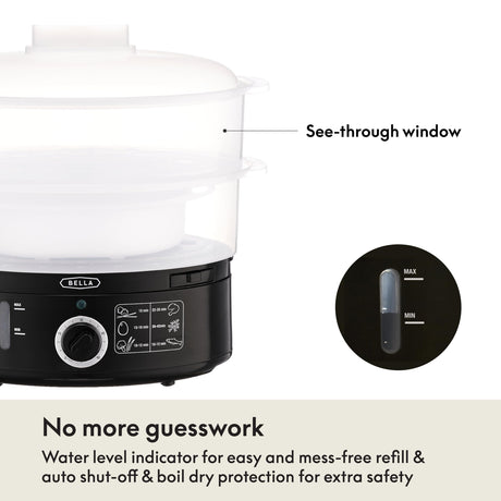 BELLA Two Tier Food Steamer with Dishwasher Safe Lids and Stackable Baskets & Removable Base for Fast Simultaneous Cooking - Auto Shutoff & Boil Dry Protection, Stainless Steel, 7.4 QT, Black BELLA