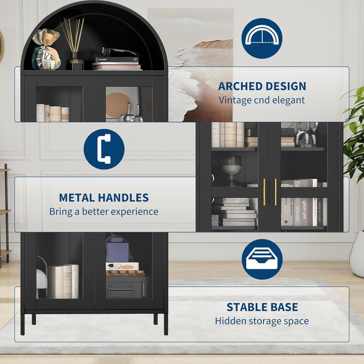 EcoSummer 73" Modern Farmhouse Arched Storage Cabinet, Metal Frame Glass Doors, 2 Adjustable Shelves, Versatile Pantry, Living Dining Room Organizer EcoSummer