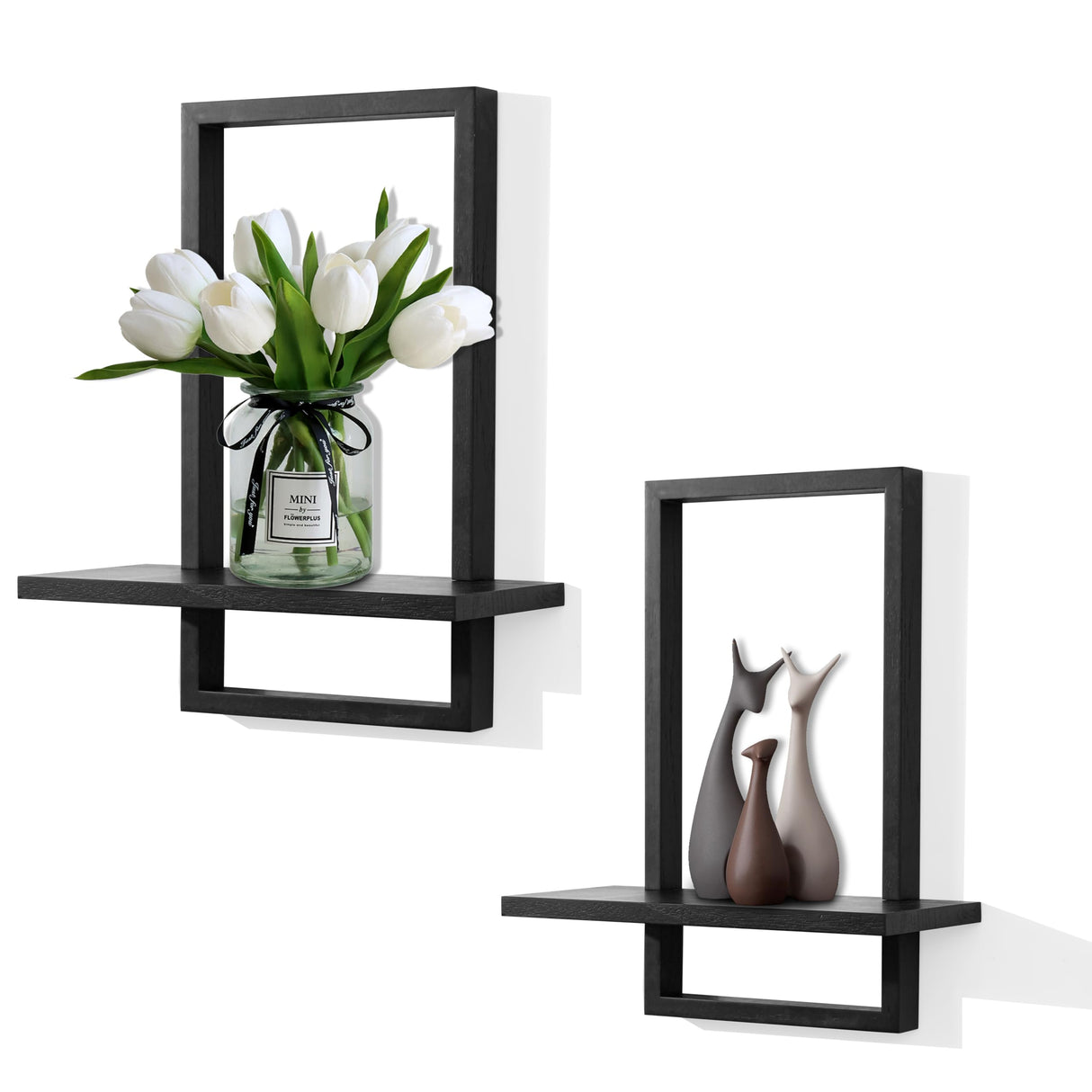 PHOENANCEE Square Floating Shelves Black,Framed Hanging Shelf for Wall Set of 2,Decorative Modern Chic Plants Decor for Living Room Bedroom Bathroom Home Office,Soild Wood,L+S PHOENANCEE
