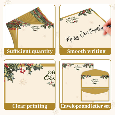 Lonfliness 50 Sets Vintage Christmas Holly Letterhead with Envelopes Christmas Border Computer Stationery paper for Note Letters to Santa Holiday Printer Paper Invitations Office School 8.5 x 11 In Lonfliness