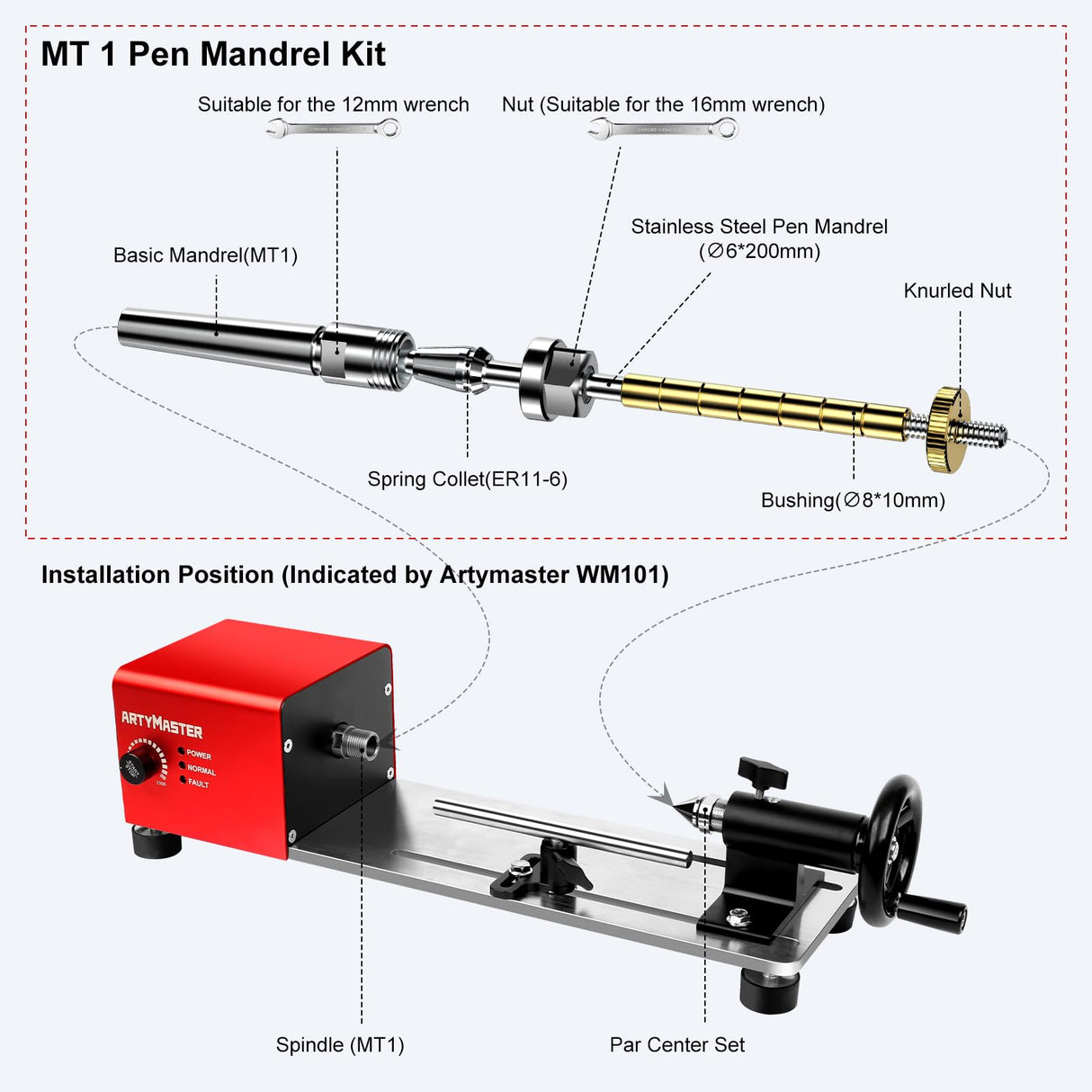 ArtyMaster MT1 Wood Lathe Pen Mandrel Turning Tools, Pen Making Kits for Wood Lathe ARTYMASTER