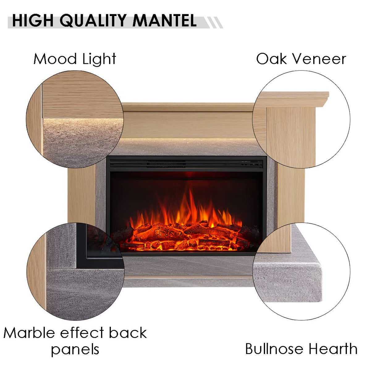 LegendFlame® Harrison Electric Fireplace with 48” Mantel Surround and Jaden 31" Insert, Natural Oak with Light Grey Marble Finish Legend Flame