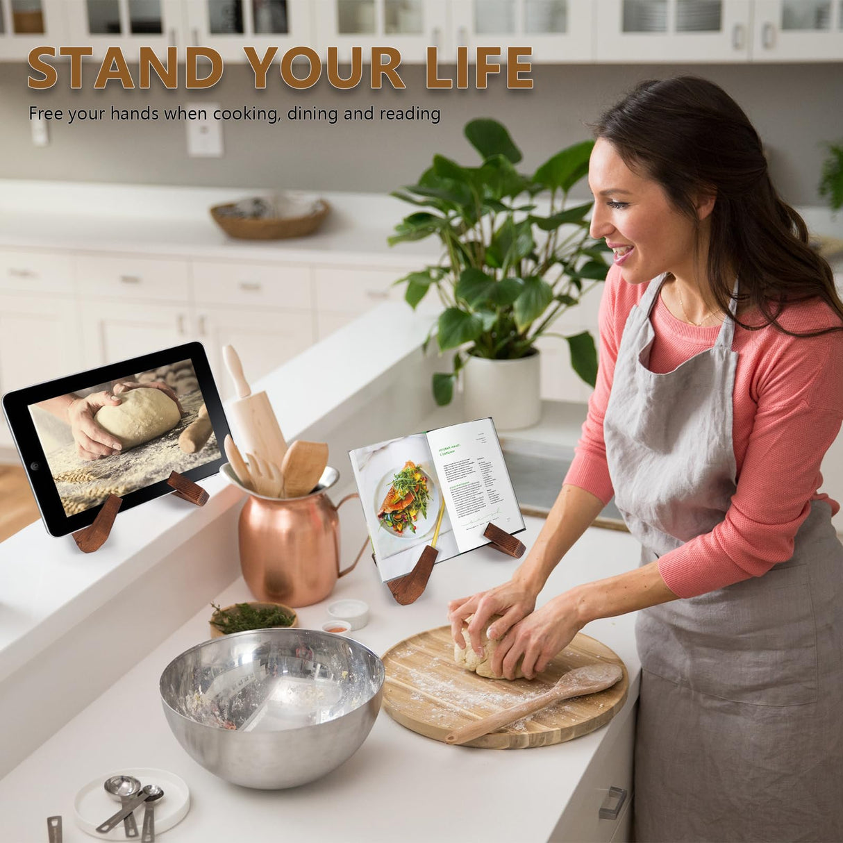 SAMEBUTECO Cookbook Stand, Recipe Book Holder for Kitchen Counter Solid Wood Cookbook Holder Set,Multifunctional Display Stand Rustic Brown-2 Pieces SAMEBUTECO