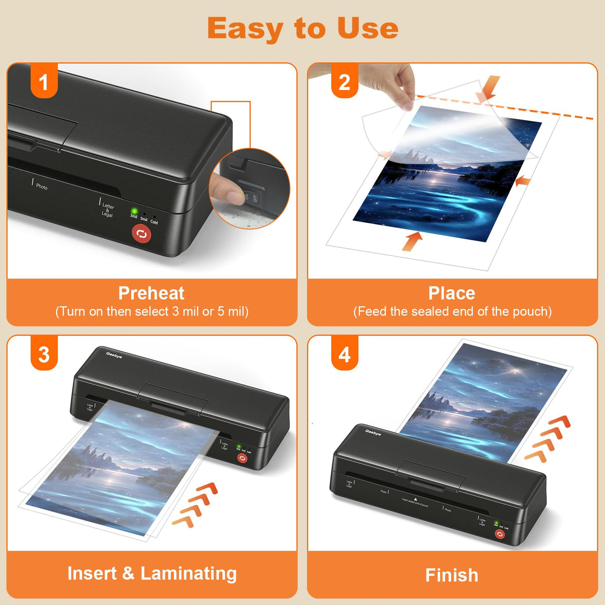 Gasbye 9-Inch Thermal Laminator Machine, World's First Open-Lid Design, Remove Jam in 5s, Auto Shut-Off, NTC Temperature Control, 5 Laminating Sheets for Teacher School Home Office Personal, Black Gasbye