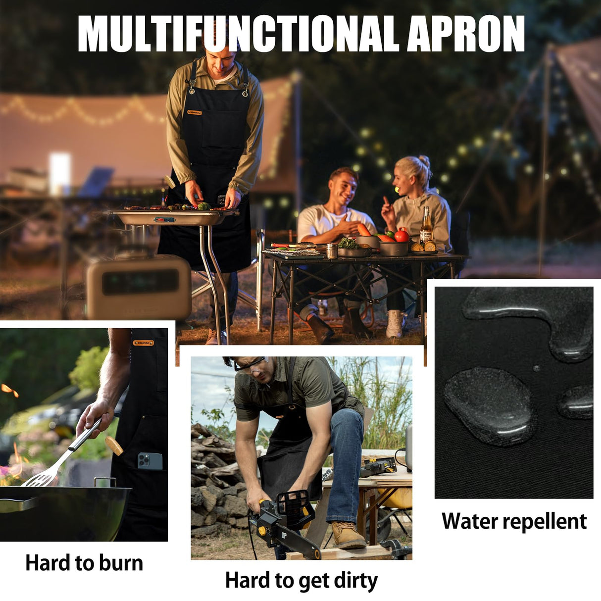 KEMITAC Barbecue Apron For Men, Men Cooking Apron, Work Apron, Gardening Apron, Welding Apron - Waterproof, Fireproof, Adjustable Straps, Many Pockets, Dirt-Repellent - Black Canvas KEMITAC