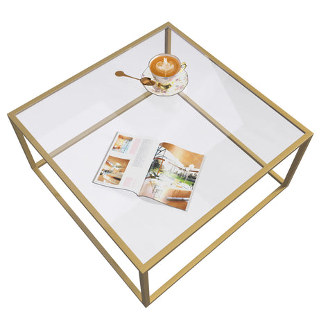 SAYGOER Gold Coffee Table Glass Modern Coffee Tables for Small Space Simple Square Center Table for Living Room Home Office 26.7 x 26.7 x 17.7, Easy Assembly SAYGOER