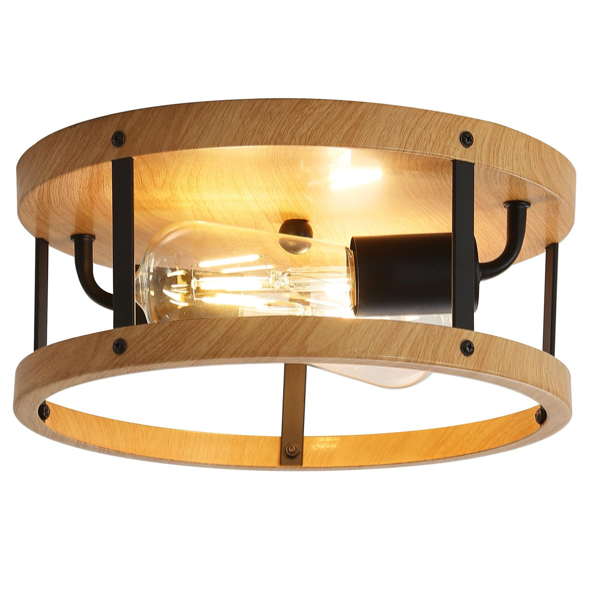 DOXVIEZE 2-Light Retro Close to Ceiling Light, Wood Finish Flush Mount Ceiling Light with Black Metal, Easy Assembled, Industrial Round Farmhouse Ceiling Lamp for Hallway Entryway Bedroom DOXVIEZE