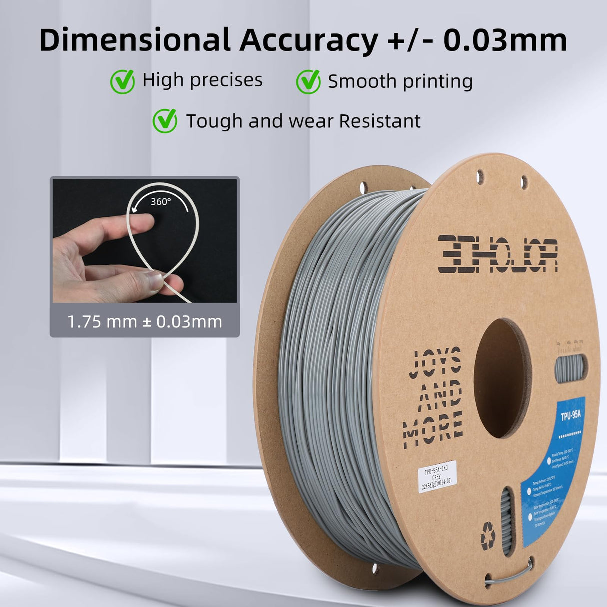 3DHojor TPU Filament 1.75mm TUP95A 3D Printer Filament Flexible Soft 3D Filament 1KG (2.2lbs) fit Most FDM 3D Printers Dimensional Accuracy +/- 0.03 mm-Grey 3DHoJor