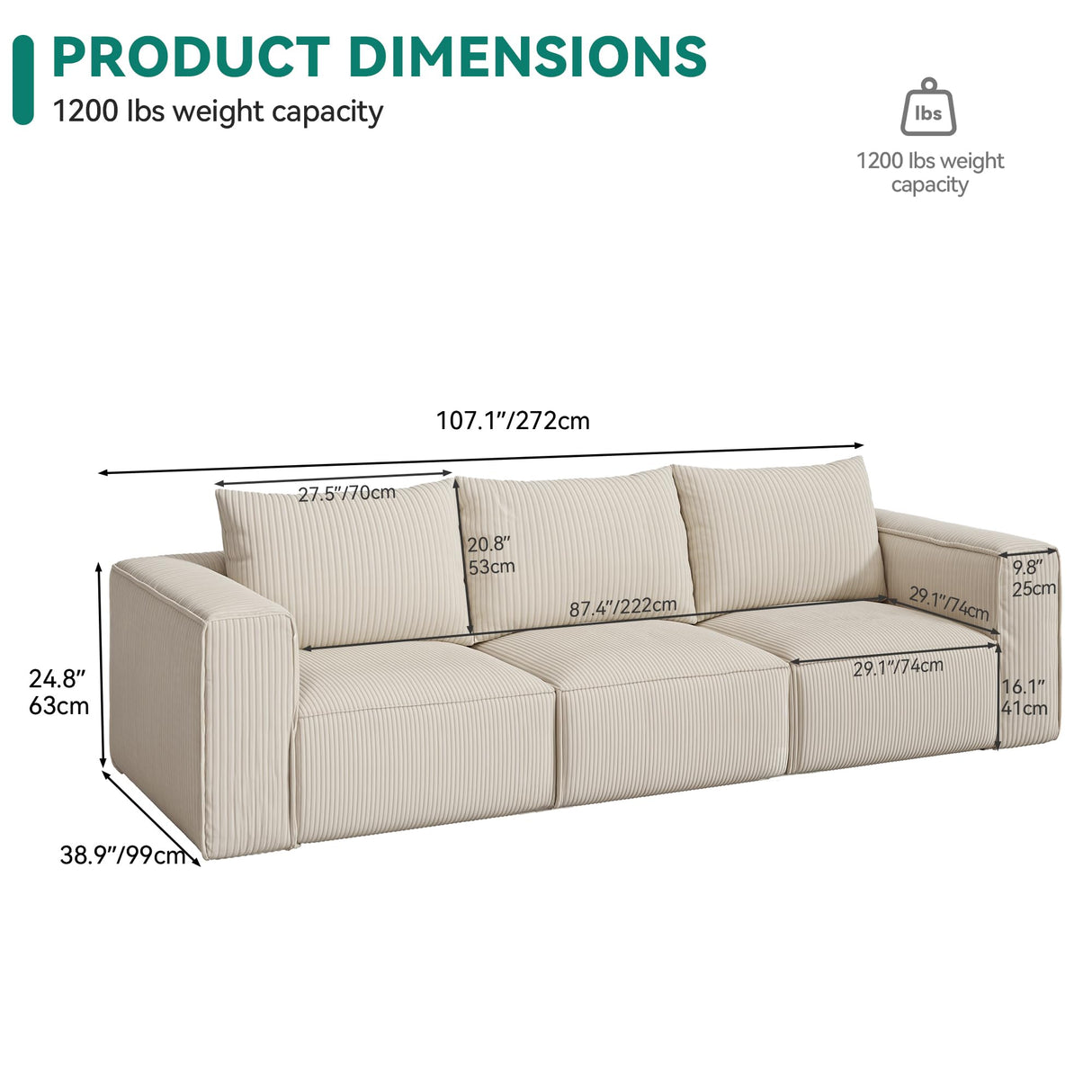YITAHOME Oversized Deep Modular Sectional Sofa, Cloud Couch 3-Seat Sofa with 3 Pillows, Corduroy Sectional Couches for Living Room, Apartment, Office, Hotel, Bedroom, No Assembly Required, Milky White YITAHOME