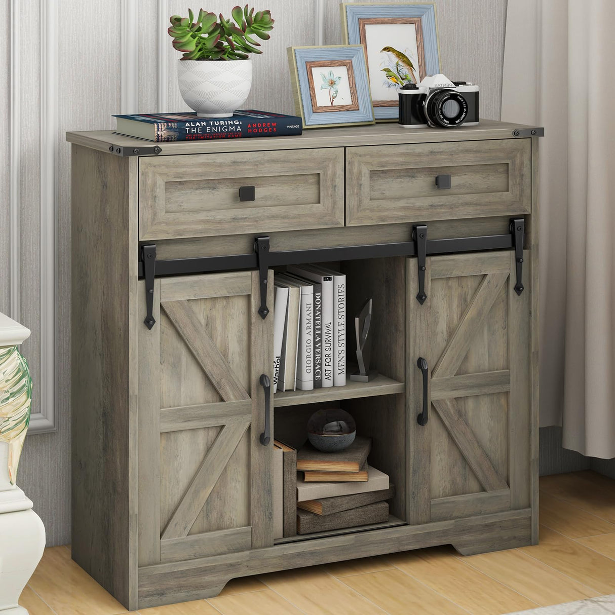 Vabches Farmhouse Storage Cabinet with Sliding Barn Doors and Drawers, Grey Freestanding Kitchen Pantry Cabinet, Floor Storage Cabinet for Bathroom, Living Room, Adjustable Shelves, Ample Space Vabches