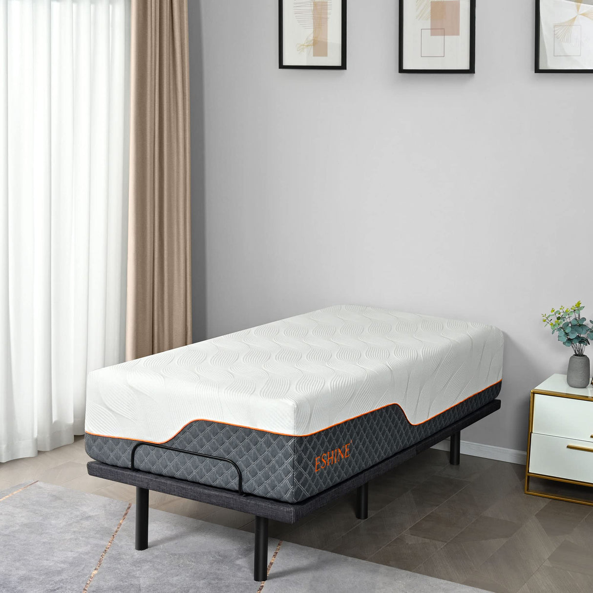 ESHINE 14" Hybrid Mattress Twin XL + Adjustable Bed Frame - Luxury Cool Gel Memory Foam, Upholstered Bed Frames with Massage, USB, Under Bed Night Light, Head and Foot Incline, Twin XL ESHINE