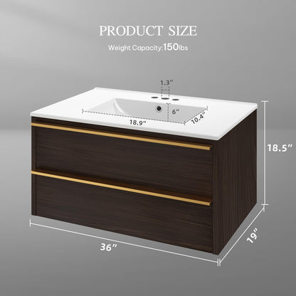 DWVO 32 Inch Bathroom Floating Vanity with Sink Combo, Wall Mount Bathroom Vanity Sintered Stone Countertop & Integrated Sink, Bathroom Cabinet Includes Ceramic Sink with Cabinet, Oak Grey