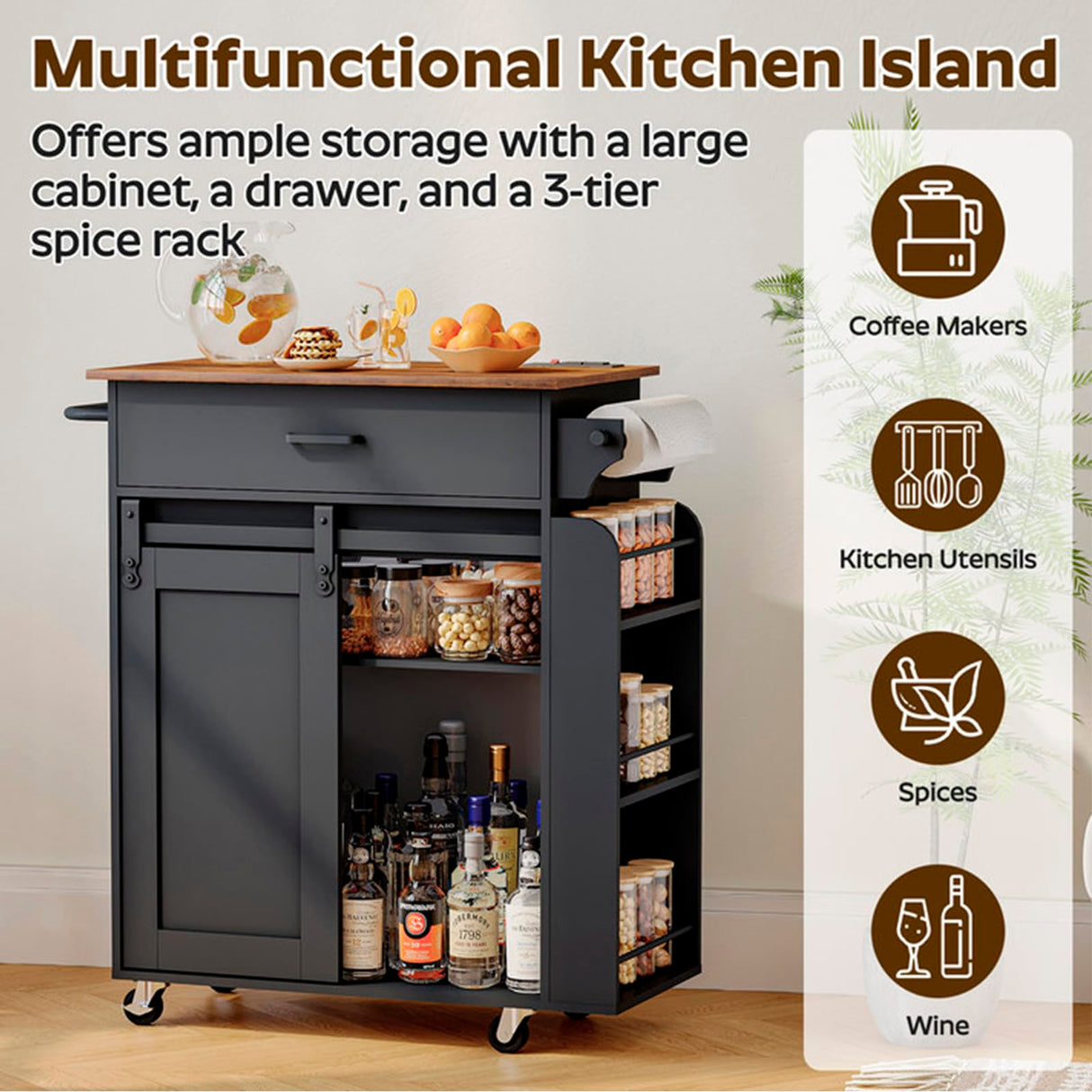 YATINEY Kitchen Island with Storage, Kitchen Storage Cabinets with Charging Station, Kitchen Island on Wheels, Rolling Island Table with Sliding Cabinet Door, Black and Rustic Brown ZD01UBR YATINEY