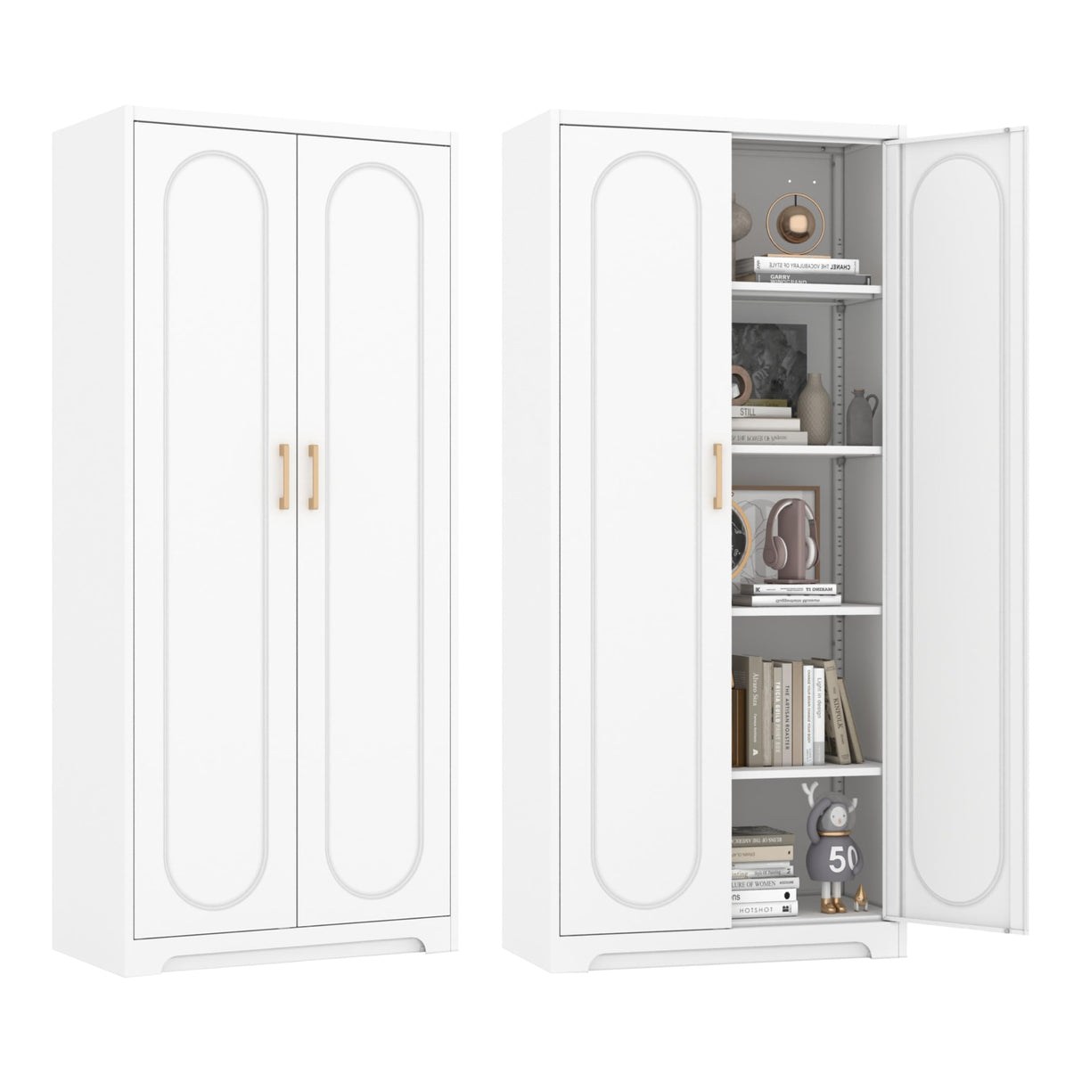 Metal Storage Cabinet with 4 Adjustable Shelves, 71" Tall Kitchen Storage Cabinet with Gold Handles, White Pantry Cabinets, Storage Cabinets for Home Office, Living Room, Hallway - Assembly Required MetalMax