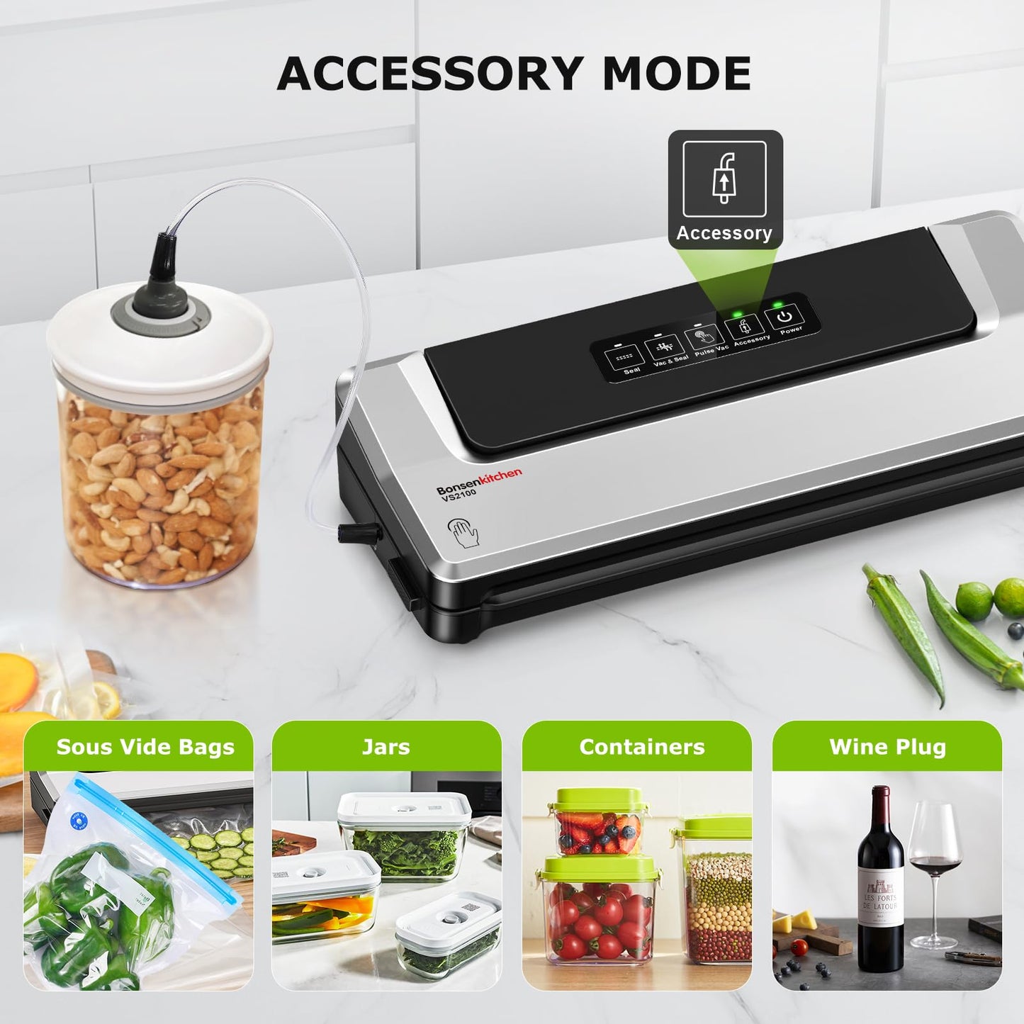 [Updated 2025] Bonsenkitchen Vacuum Sealer Machine + 40 Vacuum Bags, Fast-Compact/Multi-Functional Food Vacuum Sealer with External Vacuum System, Silver