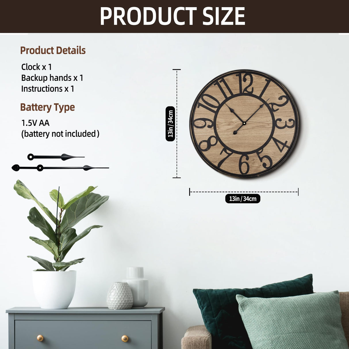 Maxstar Wall Clock Silent Bronze Rustic Farmhouse Metal & Wood Clocks with Arabic Numeral, Battery Operated Wall Clocks Decorative for Living Room Bedroom Office Home Decor 13inch Maxstar