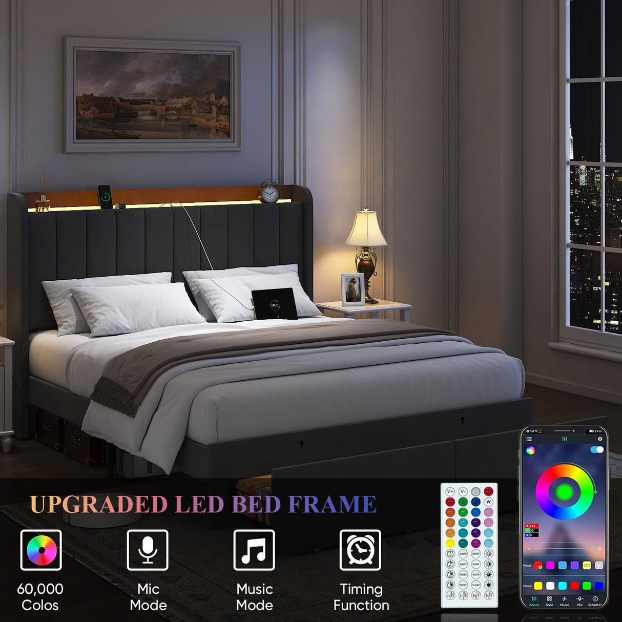 TIGUBFRE Dark Grey Full Size Upholstered Bed Frame with LED Lighting, Storage Headboard & Drawers TIGUBFRE