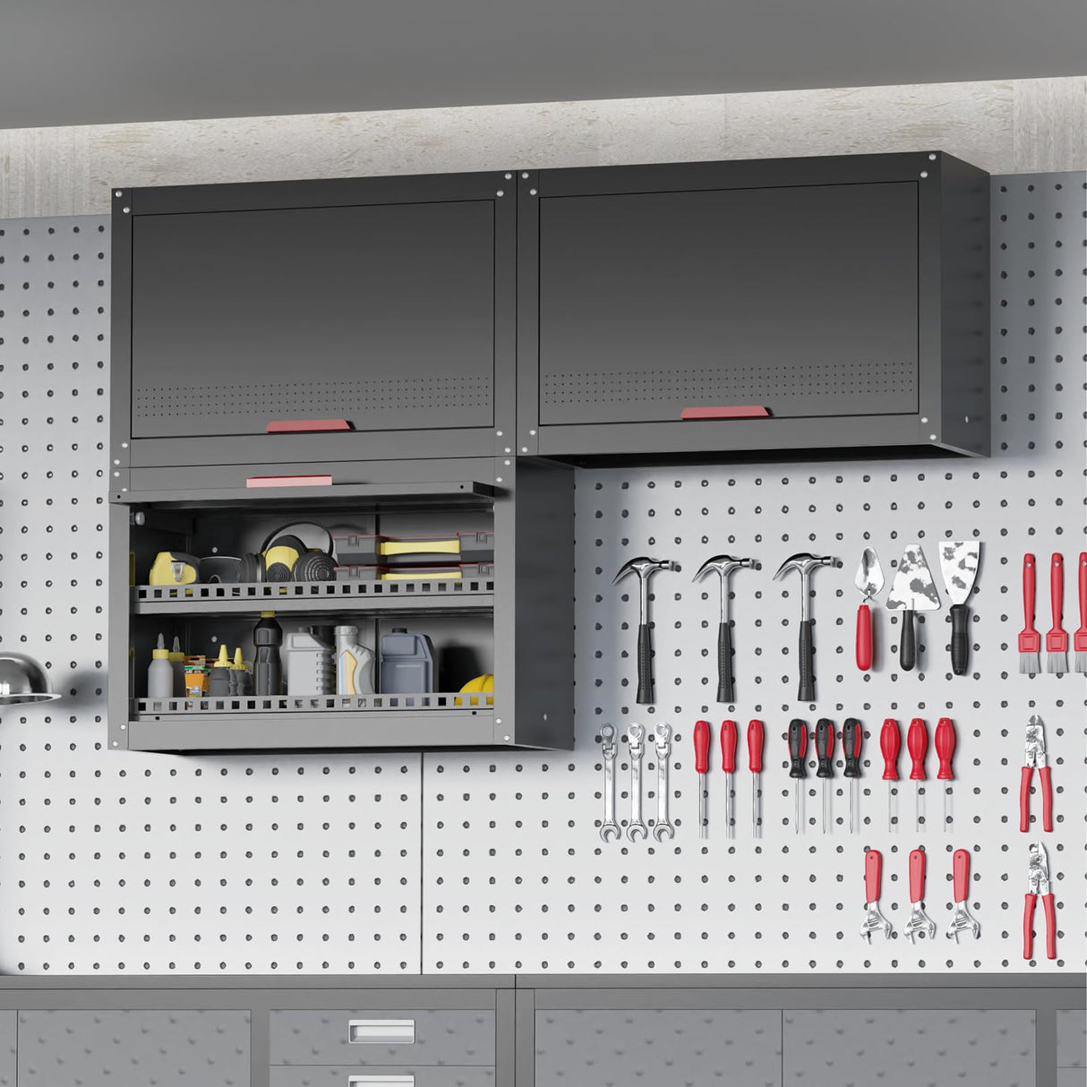 Kelueo Metal Garage Wall Cabinet,Storage Cabinet with Up Flip Door Design Wall Garage Cabinet with Adjustable Shelf and Magnetic System,Tool Cabinet with Anti-Fall Rails for Basement Kelueo