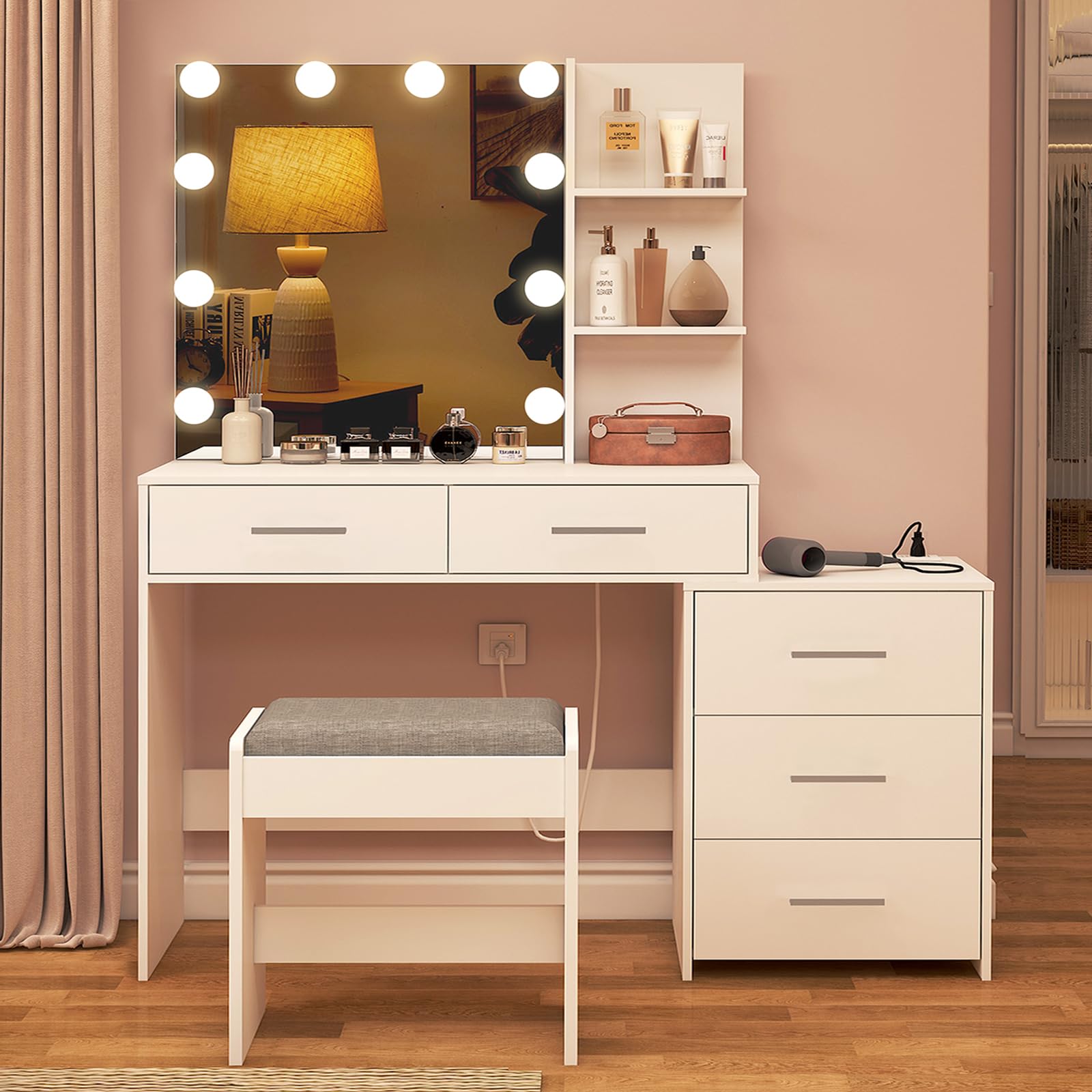 usikey Large Vanity Desk with Mirror & 10 LED Lights, Makeup Vanity Dressing Table with Power Strip, Storage Shelves & 5 Drawers, Vanity Table Set with Cushioned Stool for Women Girls, White - WoodArtSupply