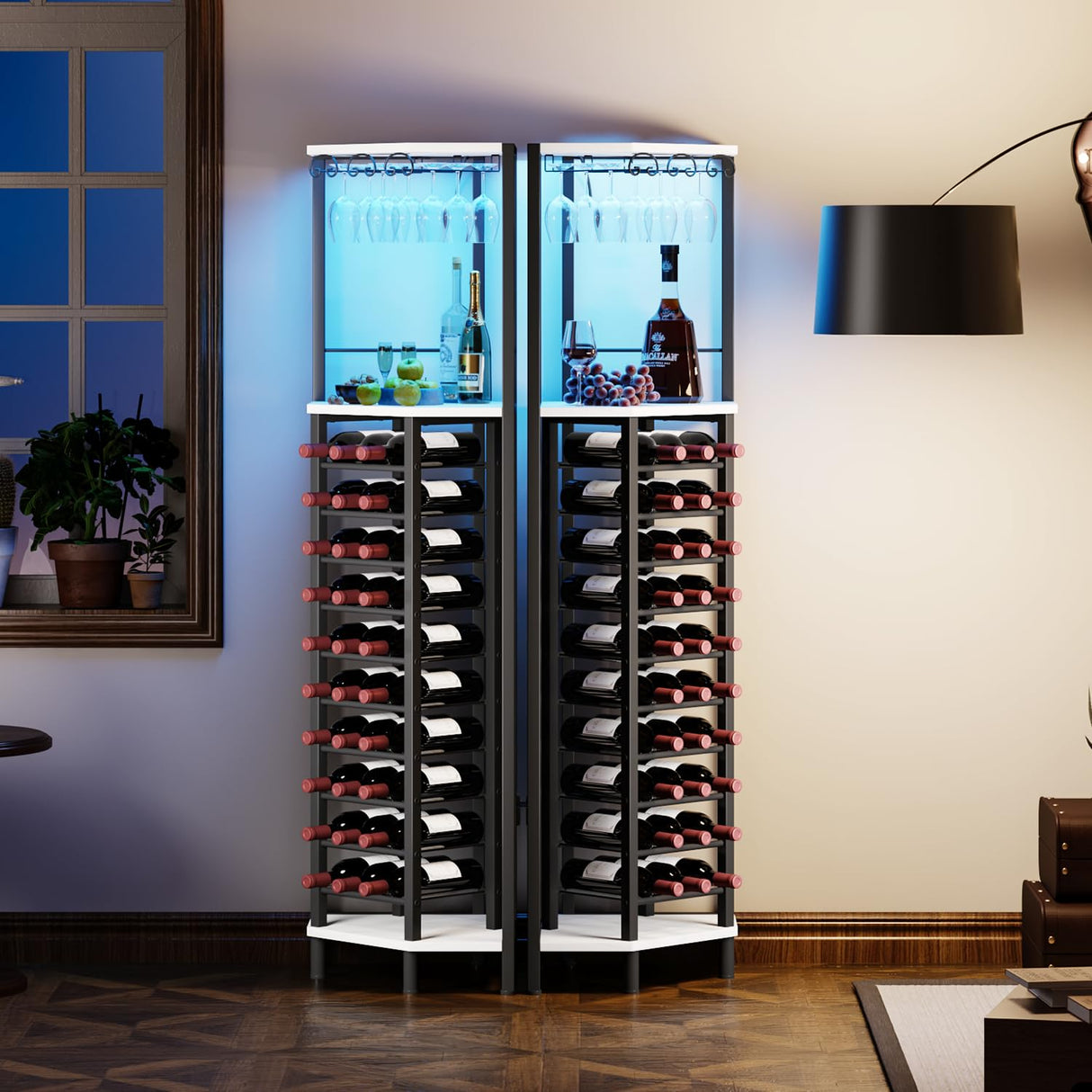 Homeiju Corner Wine Rack with Glass Holder and Led Strip Light, Corner Bar Wine Racks Freestanding Floor, Industrial Corner Bar Cabinet for Kitchen, Dining Room, Living Room or Cellar Homeiju